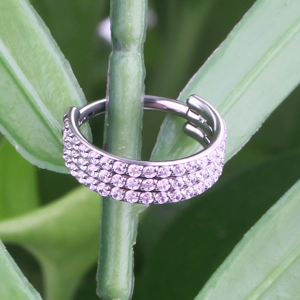 Titanium ASTM F136 Implant Grade Prong Setting Triple Layered CZ Paved Conch Piercing Hinged Segment Hoop Clickers