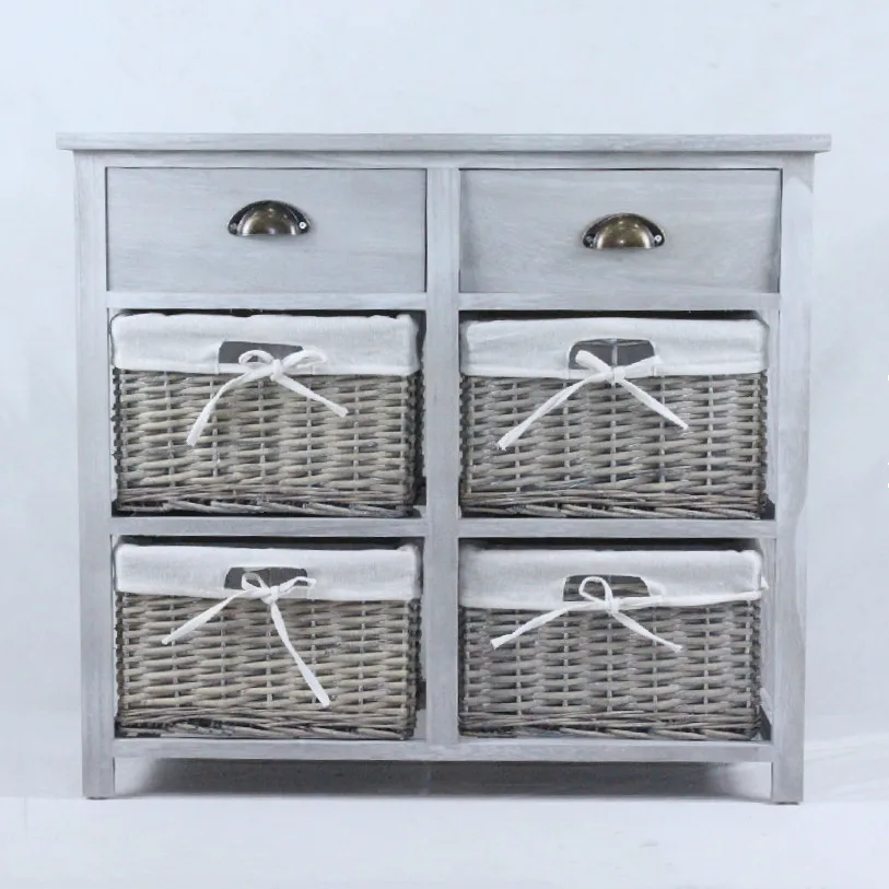 Vintage Grey Range - Two Drawer and Four Wicker Basket Storage Unit