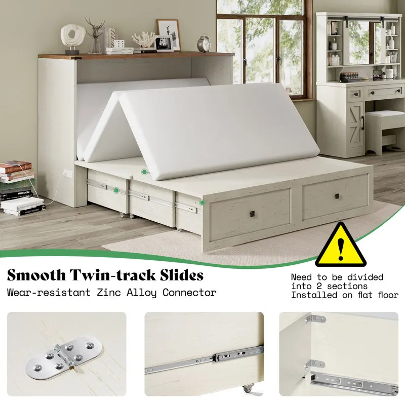 Kainice modern smart bedroom furniture convertible murphy bed cabinet full size wood bed with storage drawer