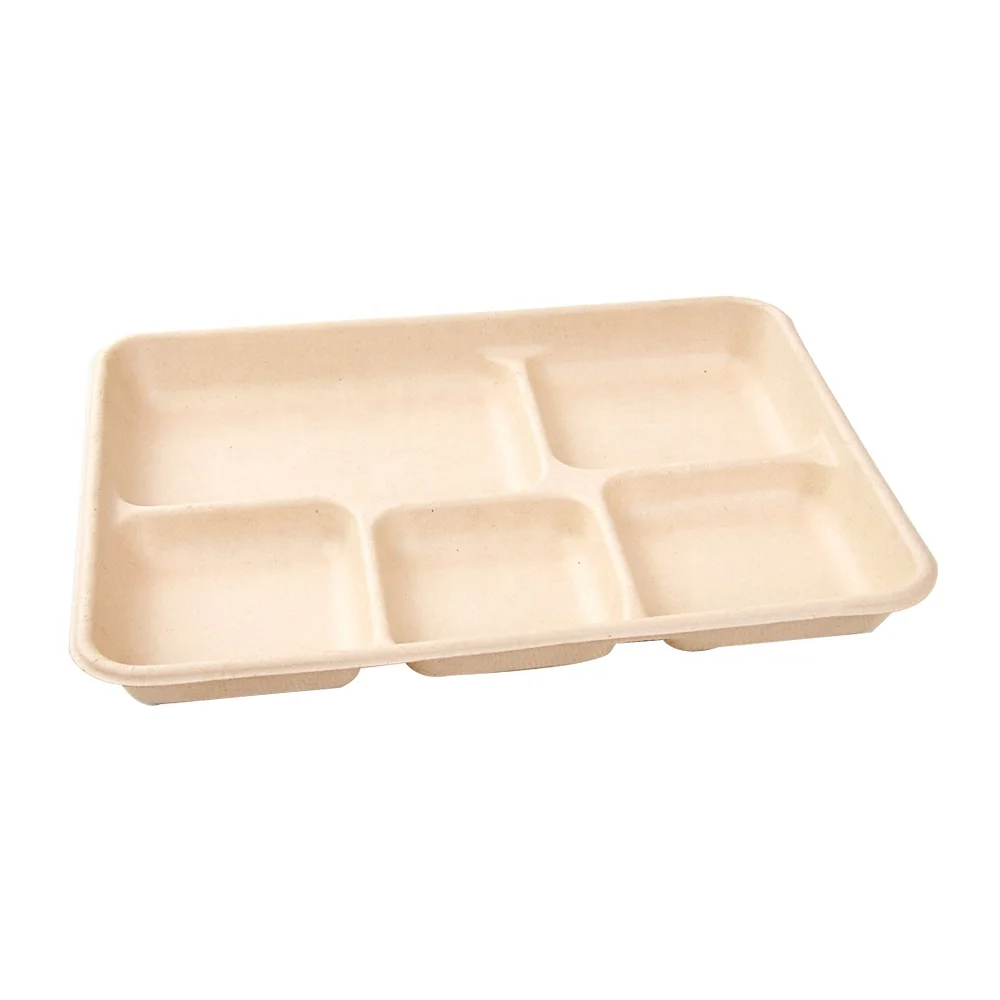 Biodegradable 5-Compartment Rectangle lunch take away Tray Disposable Unique Fast Food Dining-in Lunch sugarcane Trays