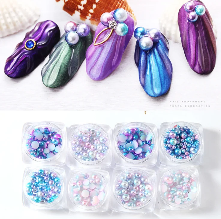 Жемчужный орнамент для ногтей 3D, круглые полукруглые цветные жемчужные ногти