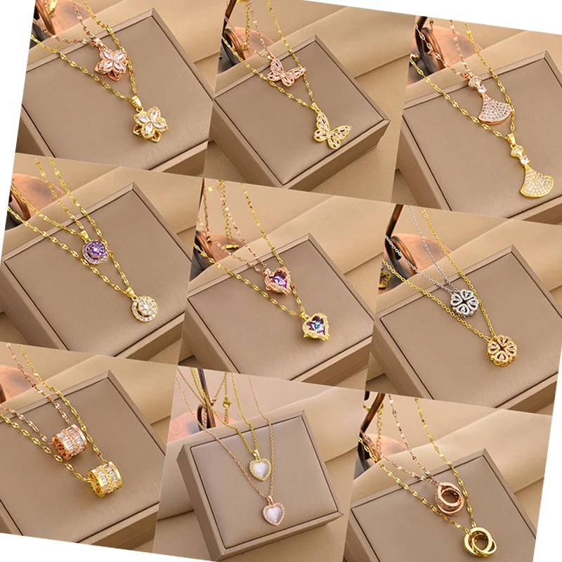 Stainless Steel Gold Plated Romantic Rotatable Flower Heart Zirconia Pendant Necklace For Women Girls Charm Luxury Jewelry