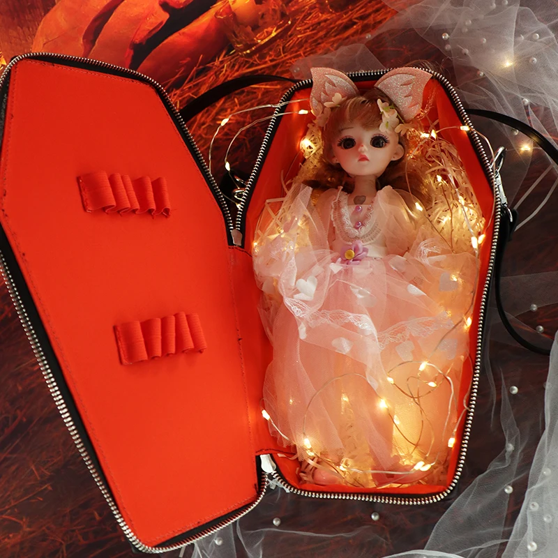 2023 Pu Leather Custom Coffin Shaped Cosmetic Case with Spider Web For Women Handbag gothic purse Manufacture Doll Bag