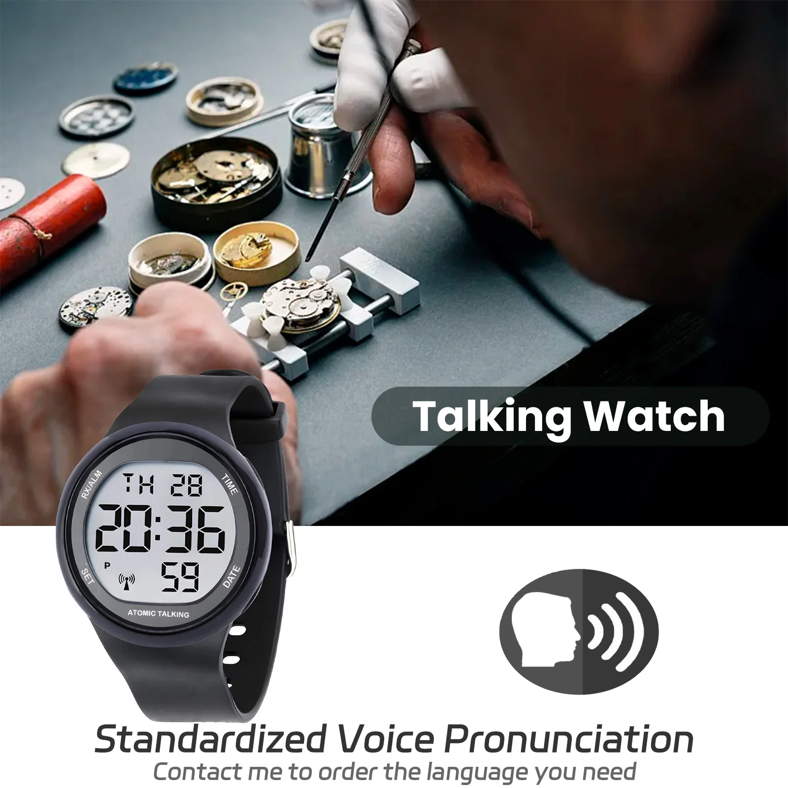 2024 Big LCD Radio Controlled Atomic Talking Digital Watch - Sets Itself Senses Metal Easy-to-Read