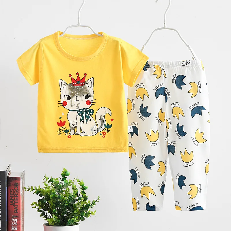 new design baby pajamas short sleeve shirt long pants boys clothing sets cotton cartoon print pajama for kids boys