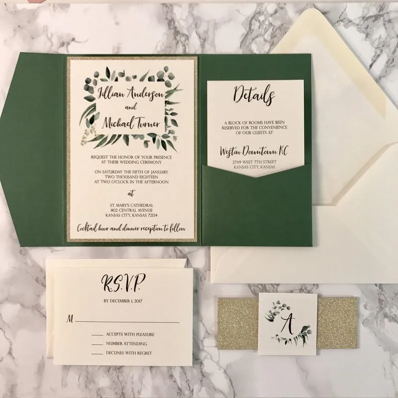 Eucalyptus and Forest Green Pocket Wedding Invitations