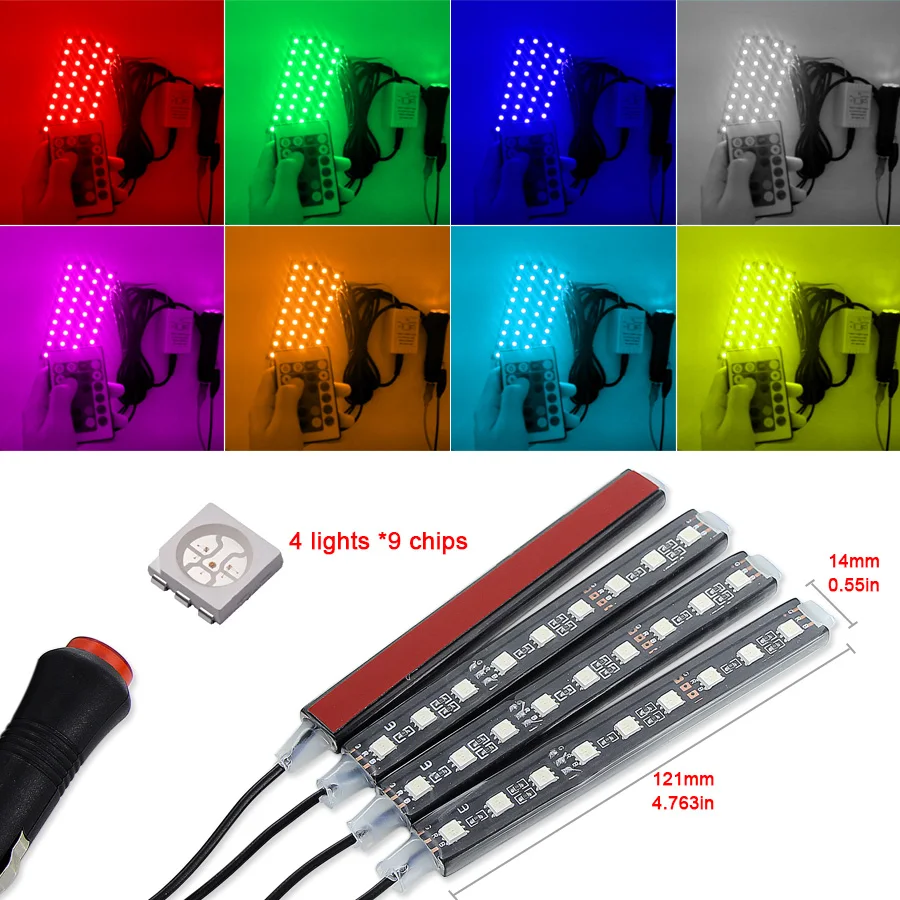 Светодиодная лента RGB для подсветки салона автомобиля 24/36/48 атмосферный окружающий свет с USB-прикуривателем музыкальным приложением и дистанционным управлением