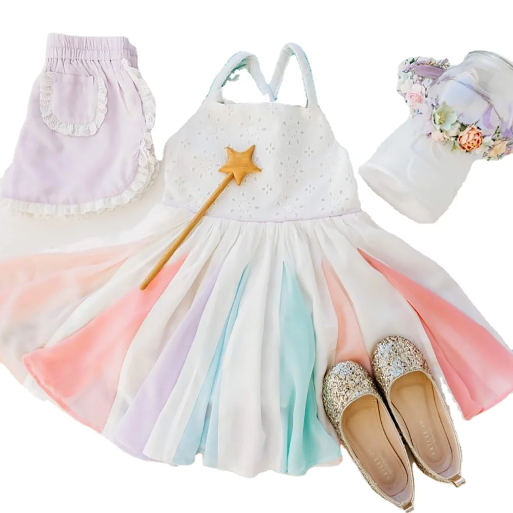 Spring Girls Dress Brand New Arrival Kids Pastel Rainbow Dress Cotton Ankle-length Princess Dress Kid Clothing Girl Casual