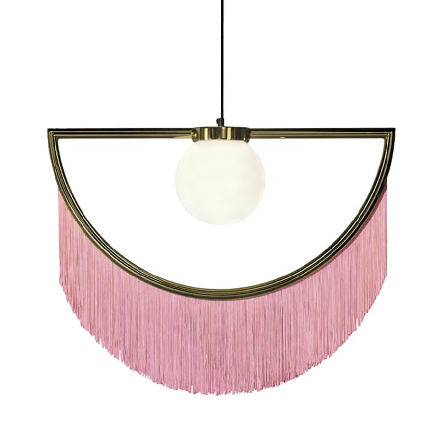 Fancy modern decorative fabric shade hanging lamp stylish dreamy pink tassel  fringe half pendant light for dining room