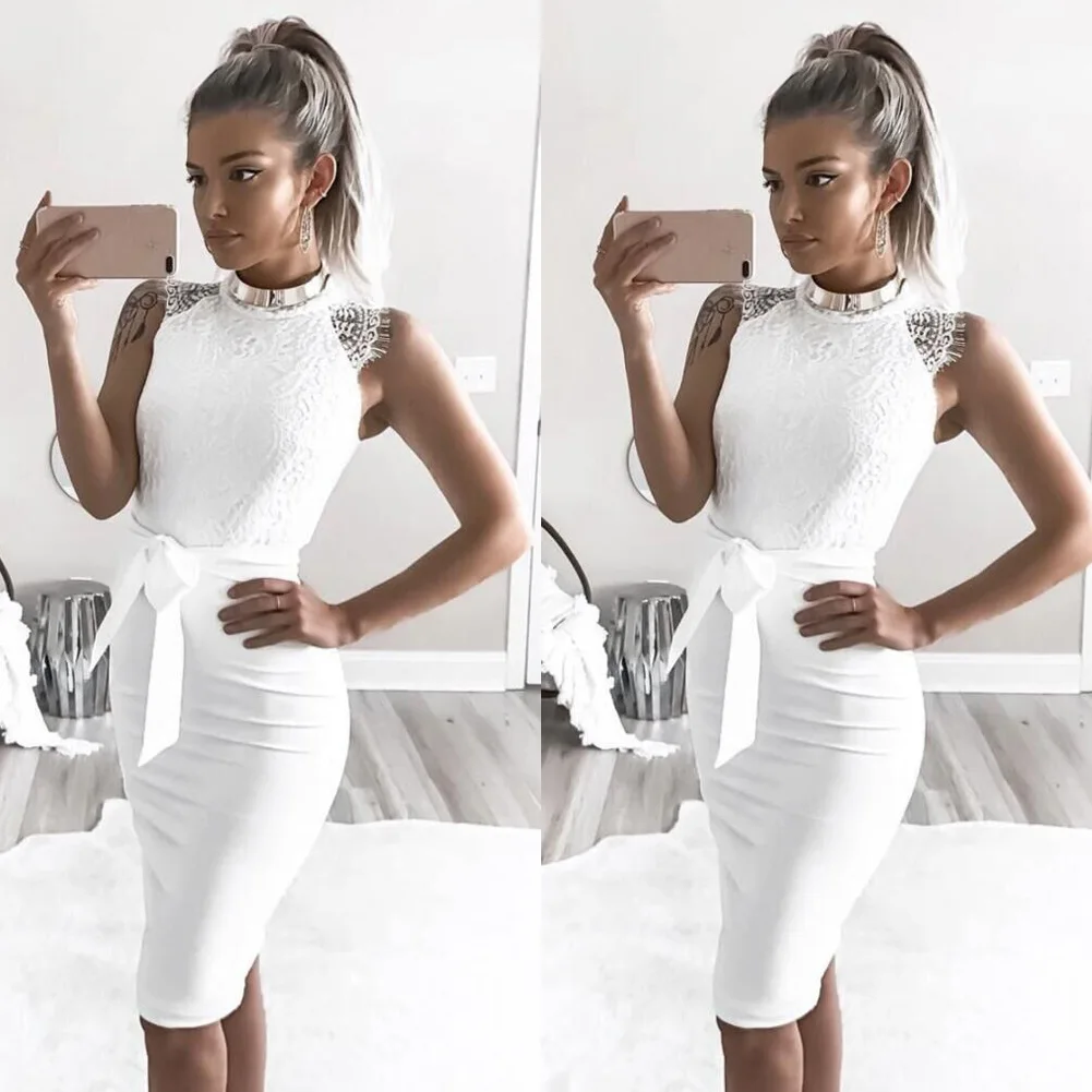 Ebay Trending Quality Stock Wedding Bridesmaid Dresses Woman Elegant Sleeveless White Lace Dress