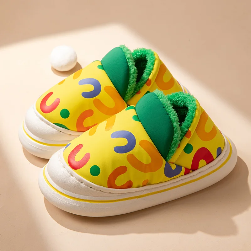 Accept Custom Logo Fashion Waterproof Cloth Kids Winter Shoes Indoor Warm Furry cotton Slippers for Children shoes
