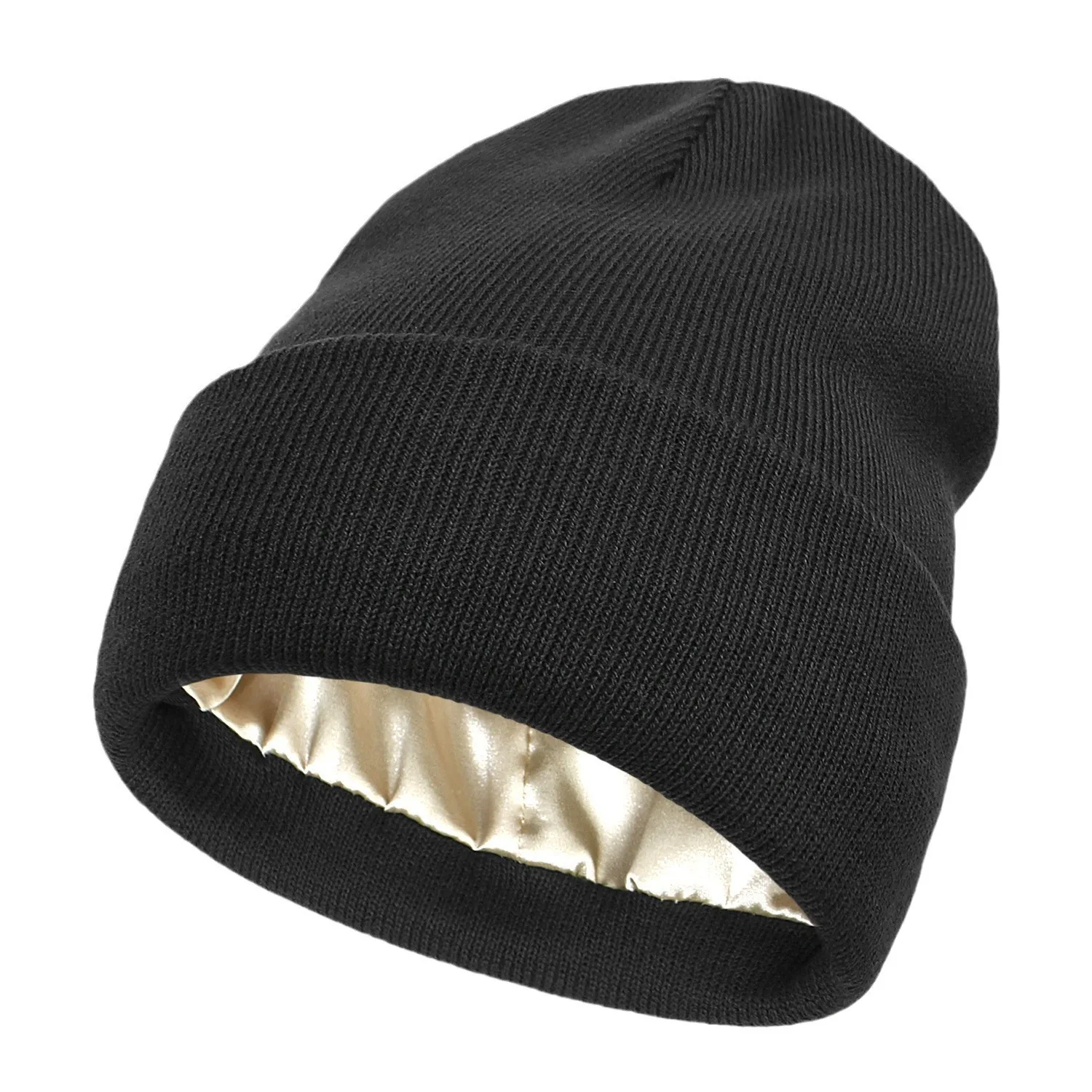 Wholesale Unisex Satin Lined Beanie Hat Eco-Friendly Winter Windproof Warm Thick Knitted Beanie Breathable Satin Lining Beach
