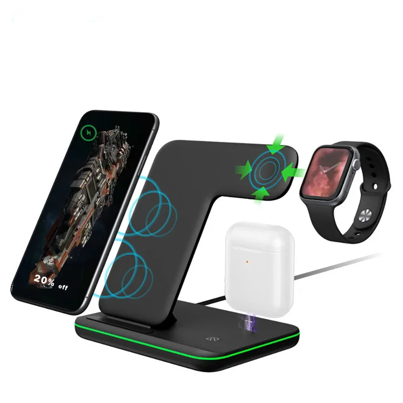 
Интеллектуальное Беспроводное зарядное устройство с быстрой зарядкой 10 Вт 3 в 1, многофункциональное зарядное устройство со светодиодной подсветкой, зарядное устройство 
