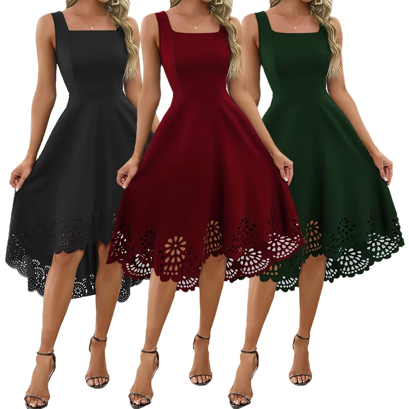 Solid Eyelet Tank Sleeveless Ruffle Hem Aline vestidos de fiesta largo elegante Elegant Women Evening Dress