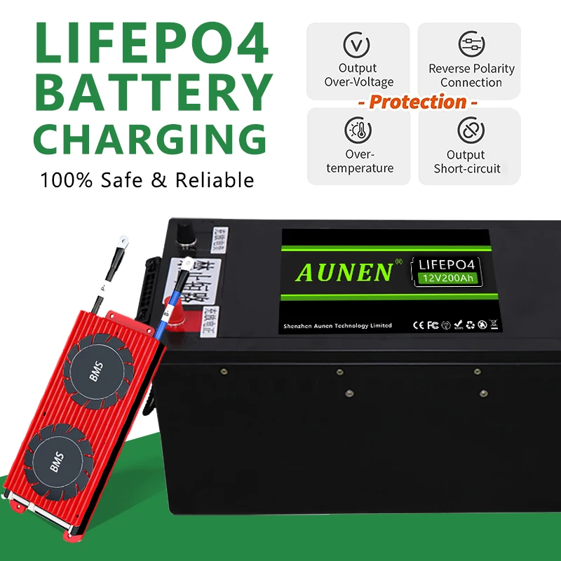 AUNEN 12V 100AH 200AH 260AH LiFePo4 Battery Pack Cells Lithium Iron Phosphate Solar Batteries Built-in BMS For RV Boat Inverter