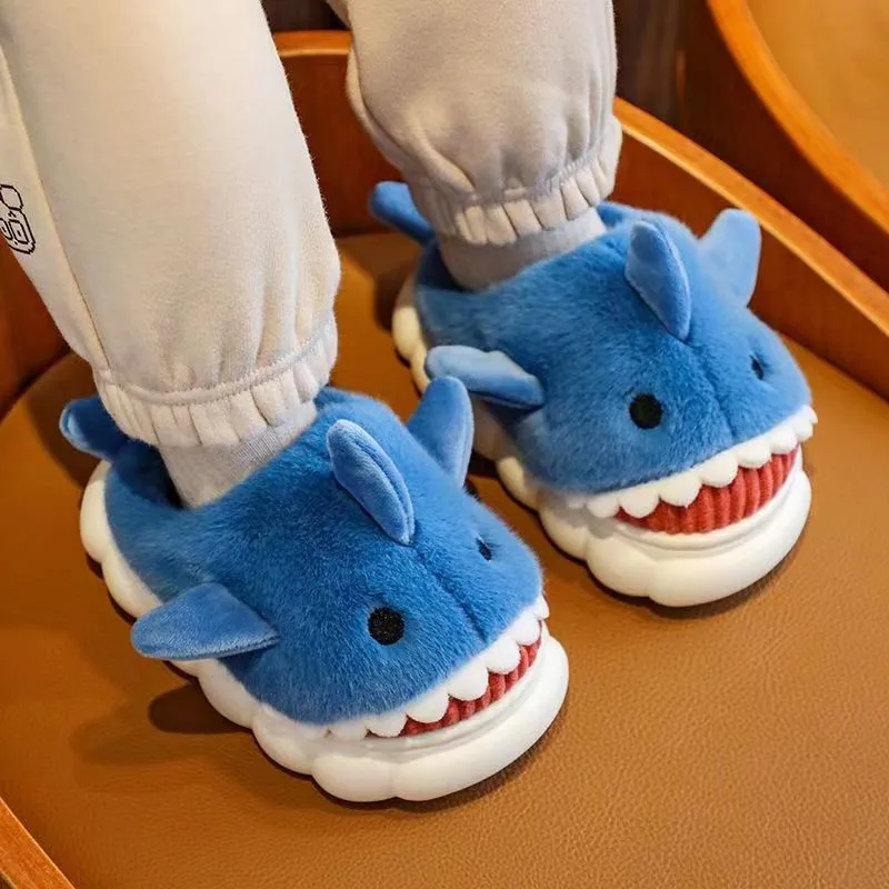 2022 Shark Slippers Children Winter 6 To 12 Years Old Thick Bottom Non-slip Cartoon Little Boy Home Girl Boy Cotton Slippers