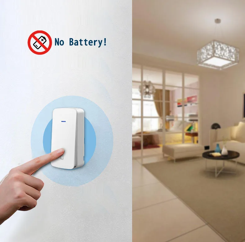 Беспроводной штекер через дверной звонок с дополнительным гнездом с кинетической батареей, без кнопочной кнопки, не требует батареи
