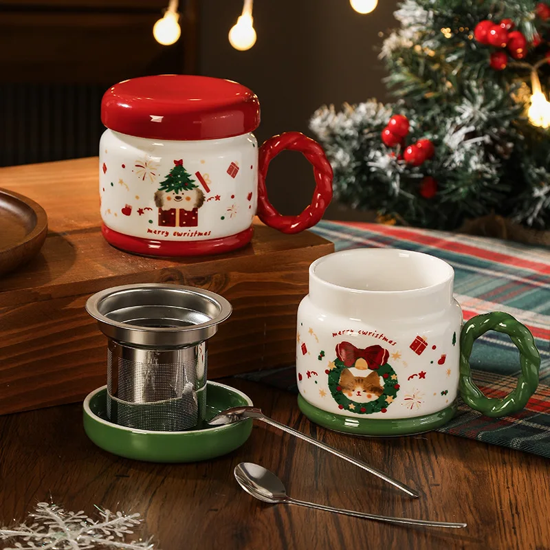 Cute Christmas Ceramic Coffee Cup Luxury Gift Set Promotional Santa Mug Featuring Classic Porcelain Tea Mug Spoon Lid