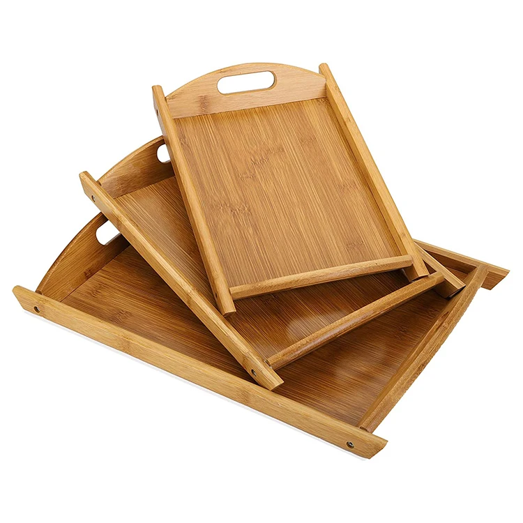 
Factory Cheap Rectangle Bamboo Serving Tray Set of 3 with Handles for Kitchen 
