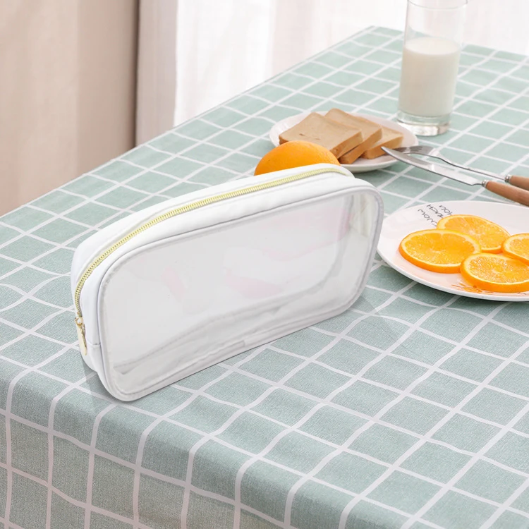 Waterproof Good Quality Long Pink Large Zipper PVC Cosmetic Transparent Clear Make Up Nylon Pouch Makeup Bag