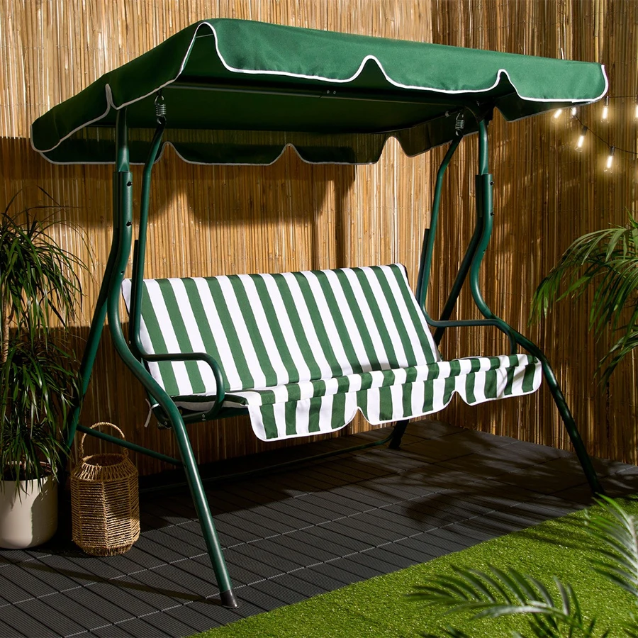 Outdoor Waterproof Polyester Fabric Canopy 8cm Cushion 3 Seats Metal Patio Porch Swing