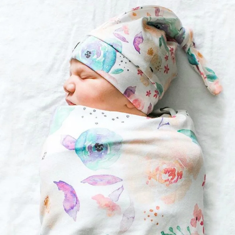 2Pcs/Set Soft Baby Blanket Newborn Baby Cocoon Swaddle Bedding Sleeping Bag Sack Wrap And Knotted Hat Set