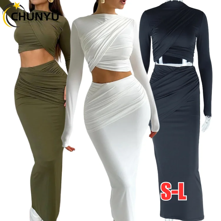 Sml Solid Round Neck Irregular Long Sleeved Open Navel Top Casual Half Skirt 2-Piece Set Fashion Set