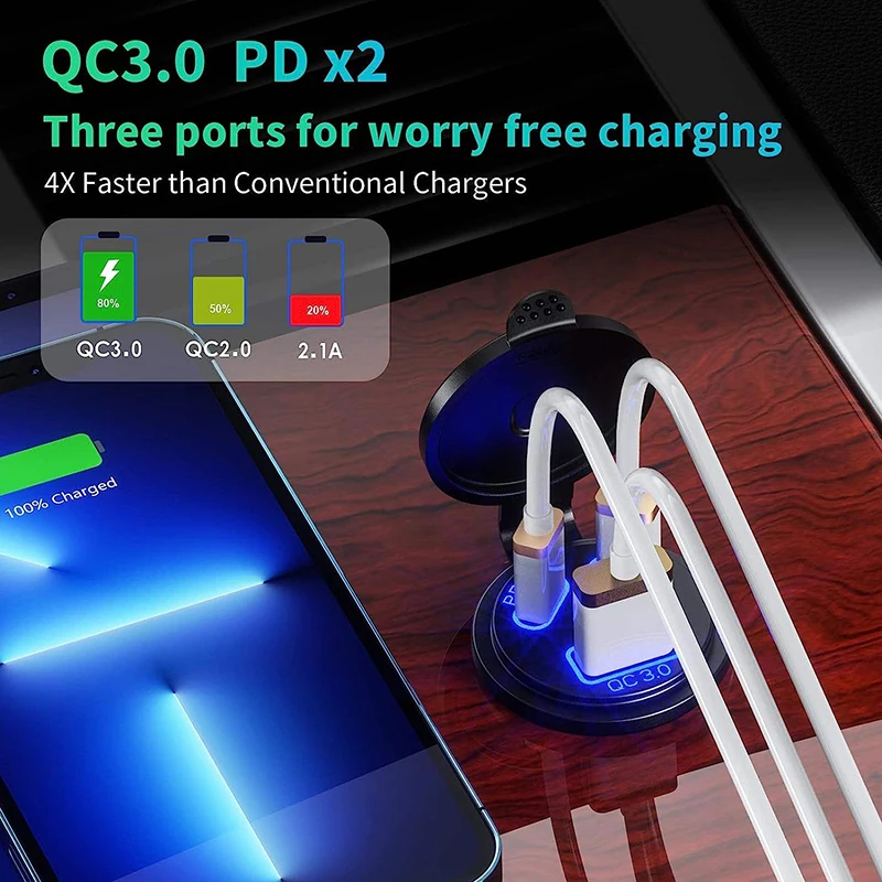 3 Ports On Off Button Switch Car Charger Socket Dual Type USB C Port QC 3.0 USB Car Charger For CAR