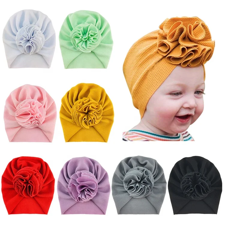 
Wholesale Solid Nursery Hospital Turban Hat Cap Beanie Bonnet with Big Flower for Baby Girls Toddlers Newborns Infants 