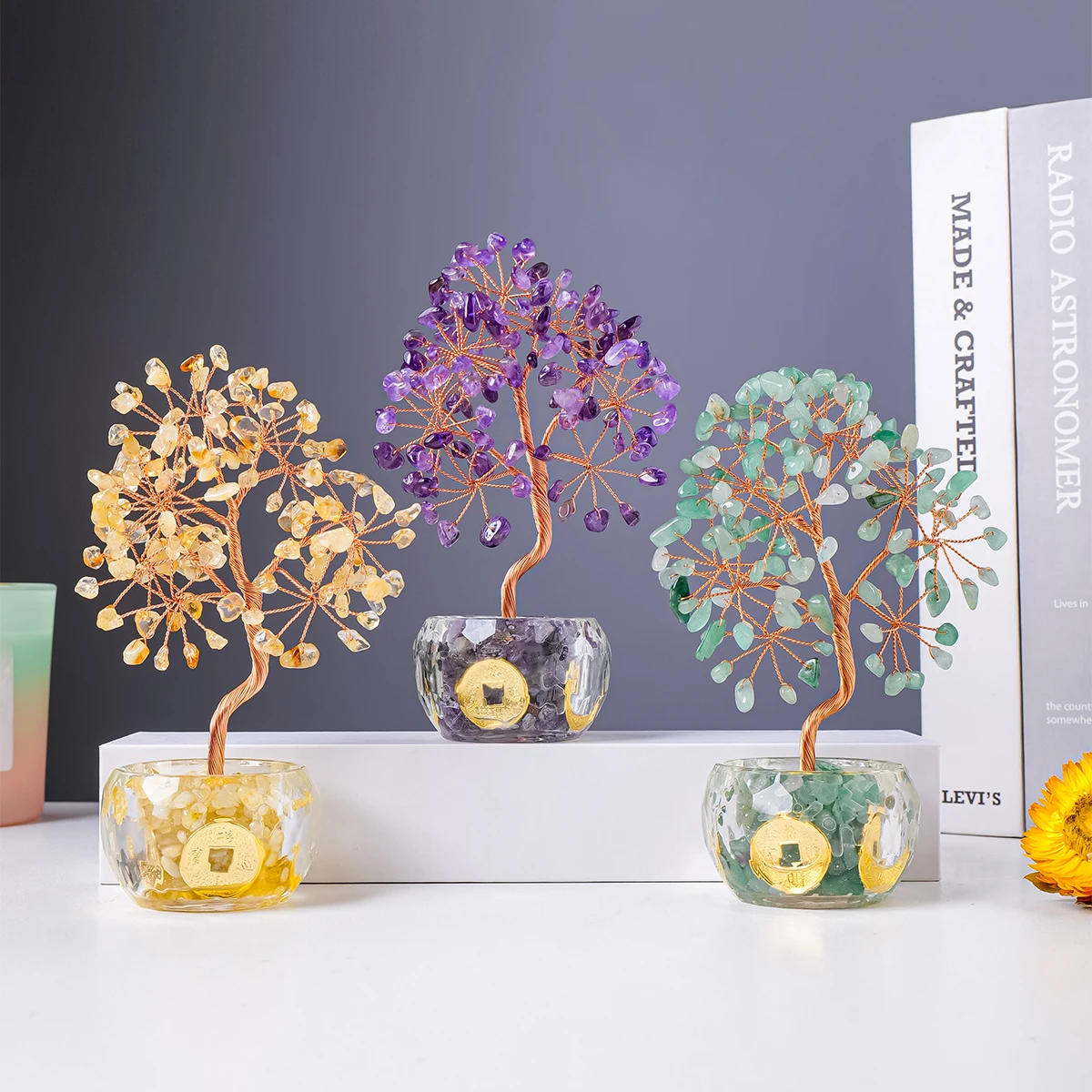 Wholesale Natural Crystal Chips Rose Quartz Gemstone gravel crystal tree Lucky Tree in Bowl handmade crafts for Decoration