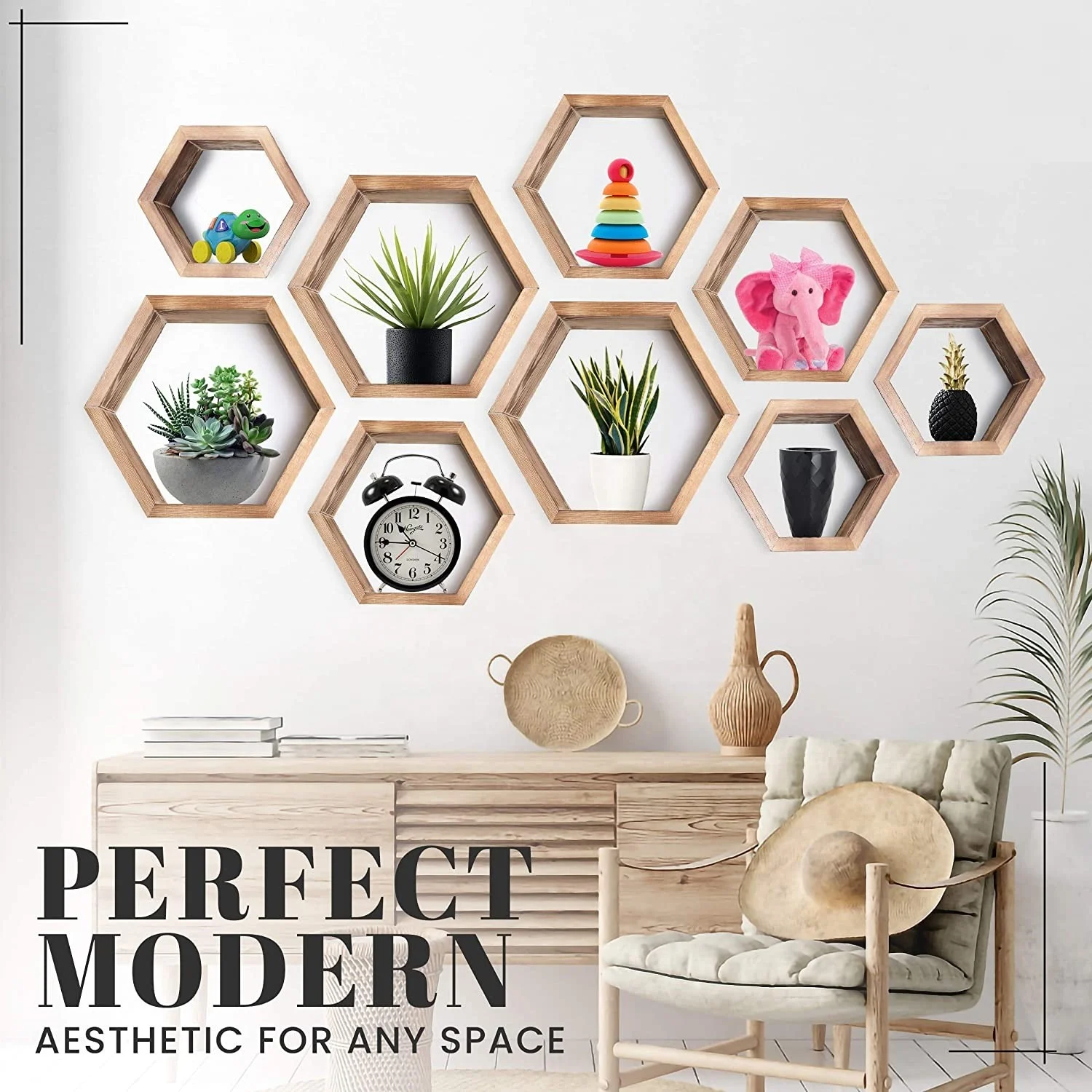Hexagon Floating Shelves Set of 3 Boho Wall Decor Geometric Hexagon Shelves Wooden Honeycomb Succulent Plant Shelf
