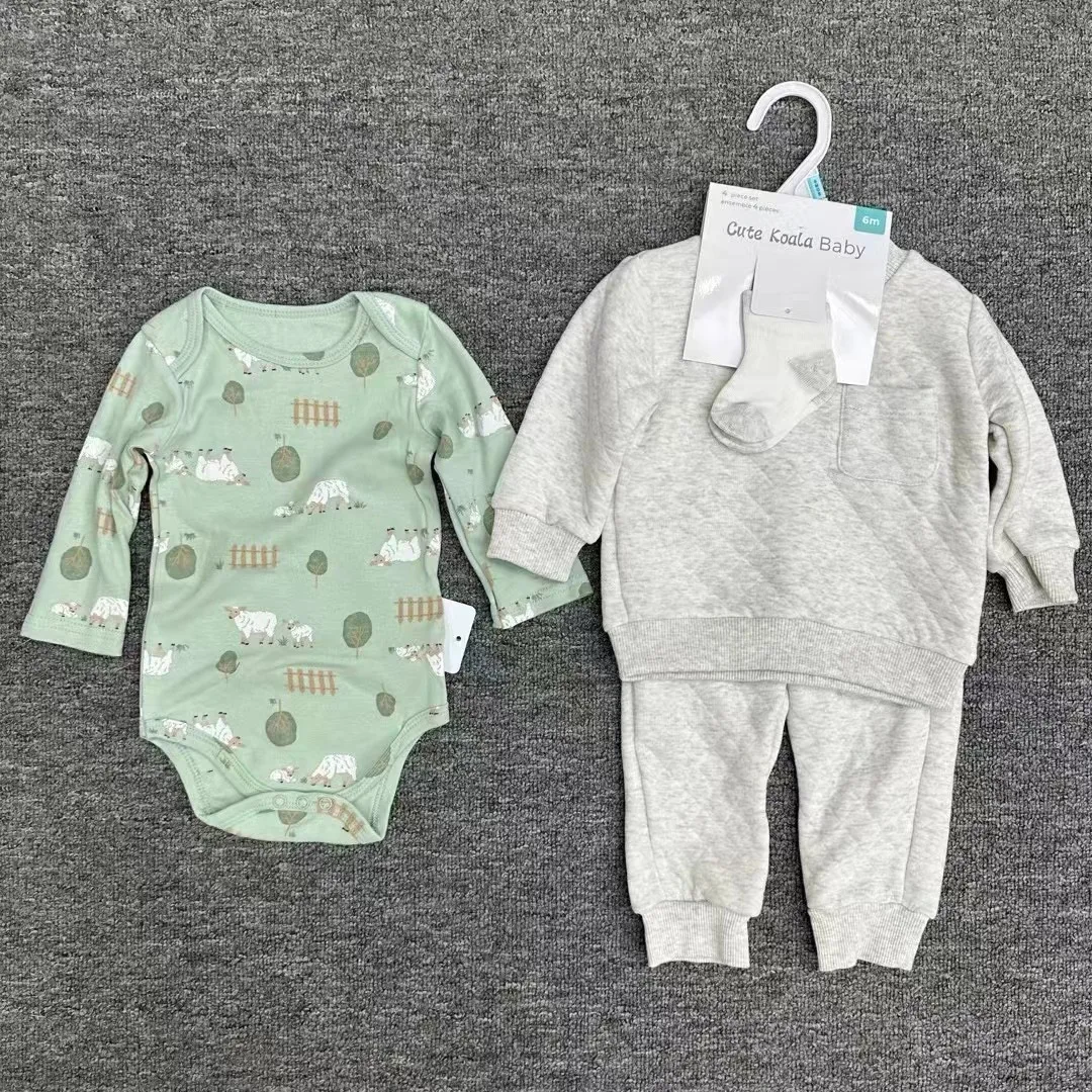 Cute Cartoon Printing Baby 4pcs Clothes Suit Autumn Winter Good Quality Overall Top+Trousers+ Socks+Romper For New Born Baby