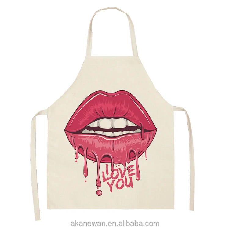 
Adjustable Custom design fashion kiss pattern printed cotton linen cooking kitchen apron 