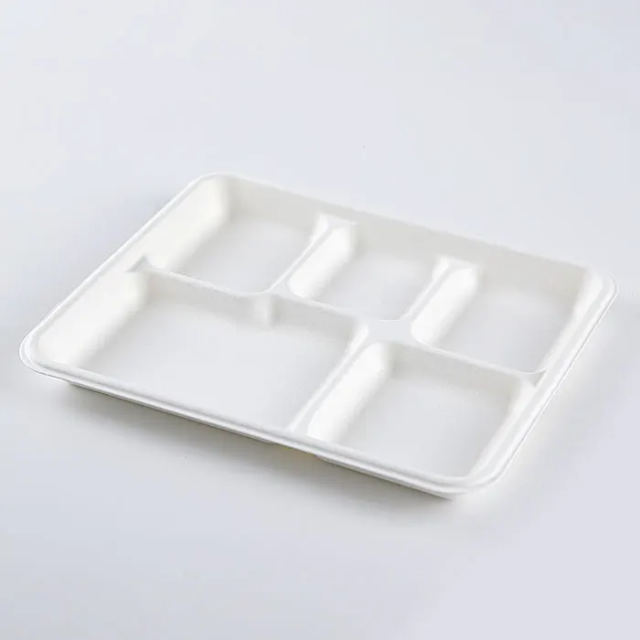 100% Natural 5 Compartment Disposable Sugar Cane Fiber Plates Eco-friendly Square Sugarcane Bagasse Tableware Food Tray