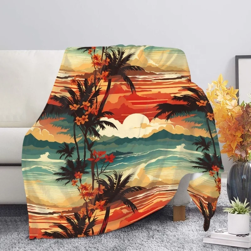 Custom Boho Sea Beach Printing Warm Throw Blankets Home Kids Adult Flannel Plush Blanket