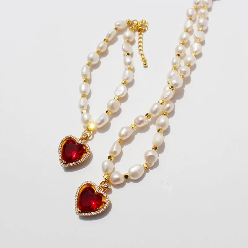 Французское винтажное Элегантное ожерелье в стиле ретро с пресноводным жемчугом и красным любовным сердцем, трендовый микро-блестящий браслет с сердцем из циркония 322