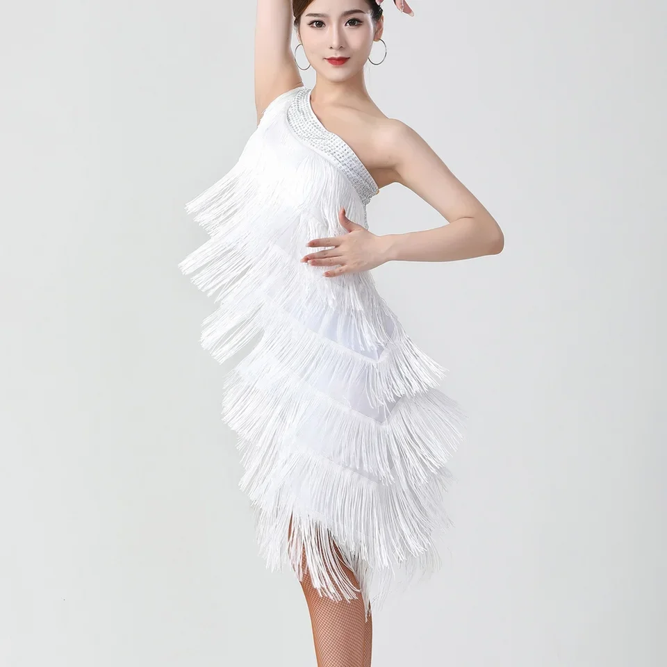 One Shoulder Tiered Fringe Dress Women 1920s Flapper Dress Charleston Party Costumes Sexy Latin Salsa Rumba Dance Dress