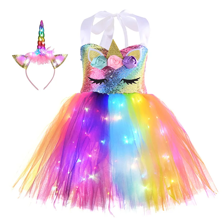 Hot Selling Fashion LED Light Glowing Sets  Clothing Uni corn Tutu Girls Christmas Dress Puffy Dresses