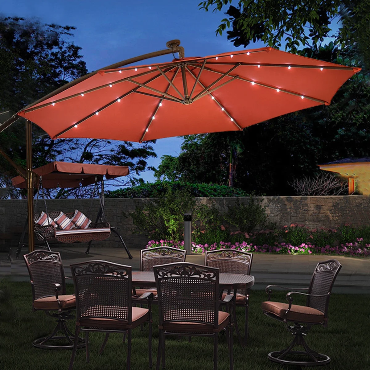 10FT Offset Hanging Umbrella with 32 PCS LED Lights Solar Powered Patio Umbrella with Crossbase, 8 Ribs