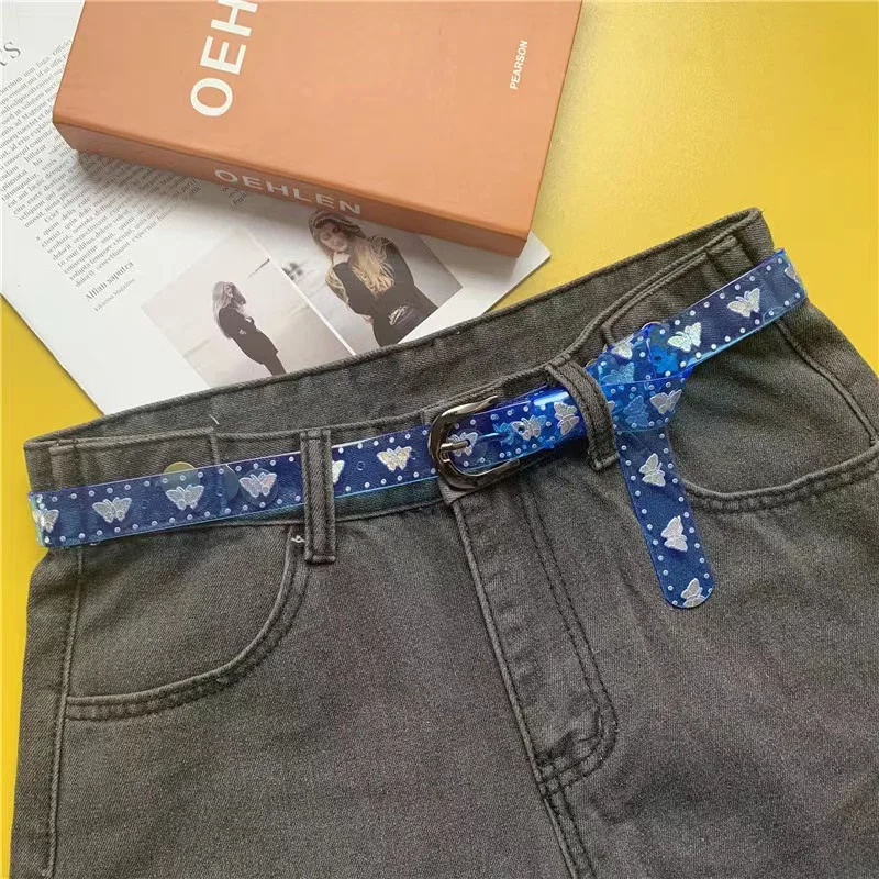 Transparent laser belt candy color butterfly print ladies plastic belt thin belt
