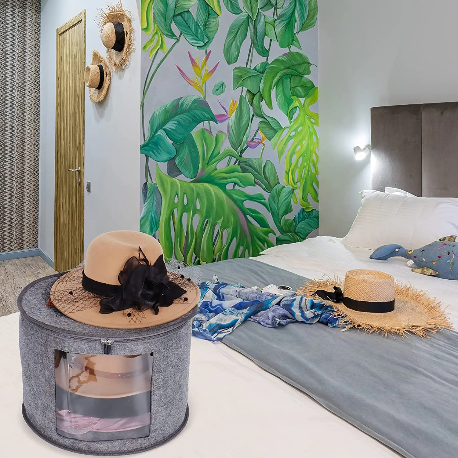 Portable Felt Organizer Bucket Hat Storage Box with Dust Proof Lid for Travel Clothes Stuffed Animal Toy Storage Bin Bag