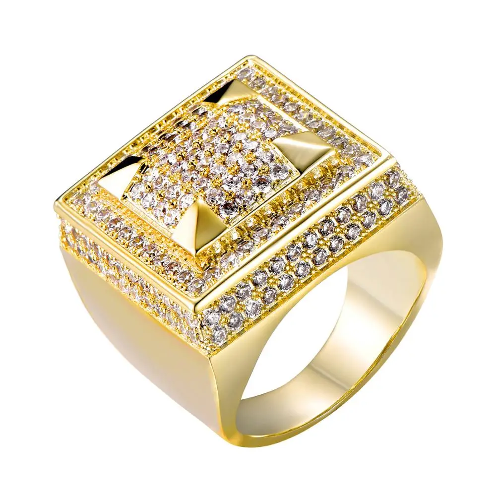 Wholesale Hiphop Dubai Gold Iced Out Lab Diamond Square Shape Engagement Ring for Men