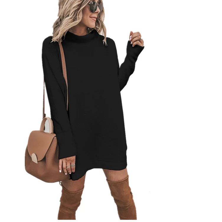 Hot Sell Autumn Winter New Women Fashion Long Sleeve Turtleneck Sweater Dress Solid Pullover Loose Short Skirt