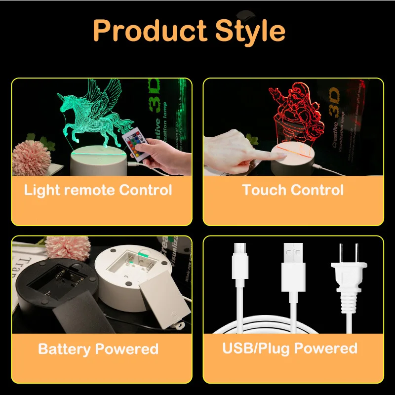 3D Acrylic Night Lights Visual Creative LED Desk Lamp Remote Control and Touch Control 7 16 Colors USB  Plug Battery Powered