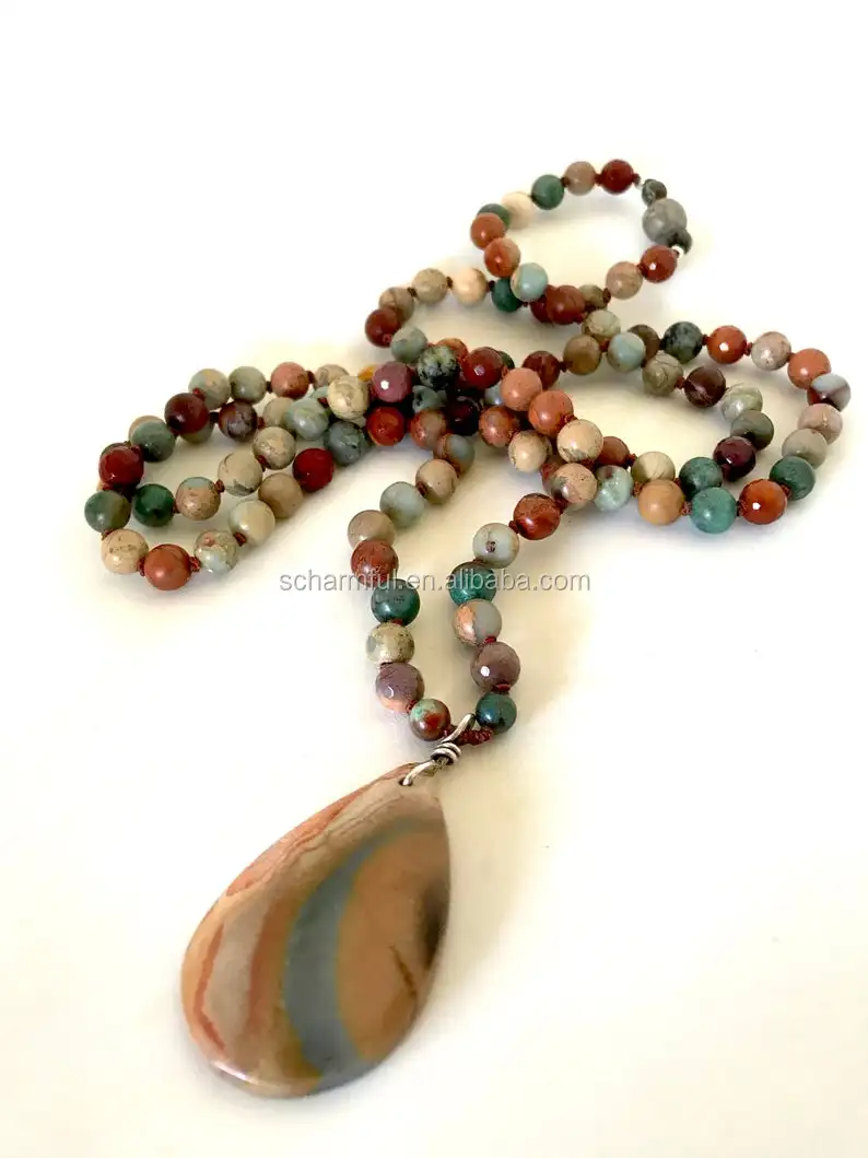 NS20051 Hand Knotted Imperial Jasper Beads Stone Necklace WIth Imperial Jasper Pendant