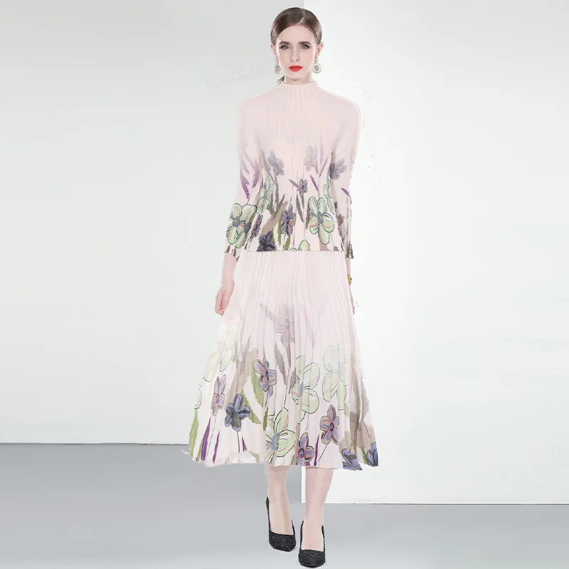 women clothing dress Miyake Pleated Print Ladies Blouse Set Pearl chiffon Pleated Skirt Two Piece Set