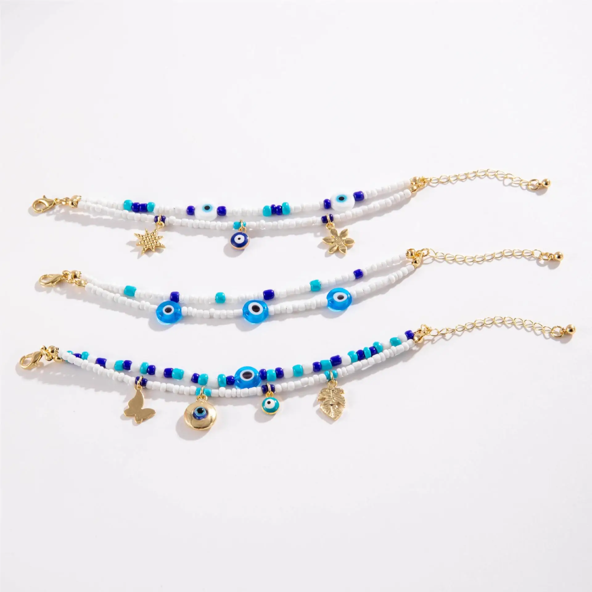 Unisex Bohemian Retro Three-Piece Gold Plated Alloy Bracelet Set Devil Eye Beaded Leaf Butterfly with Opal Beach Fashion Jewelry