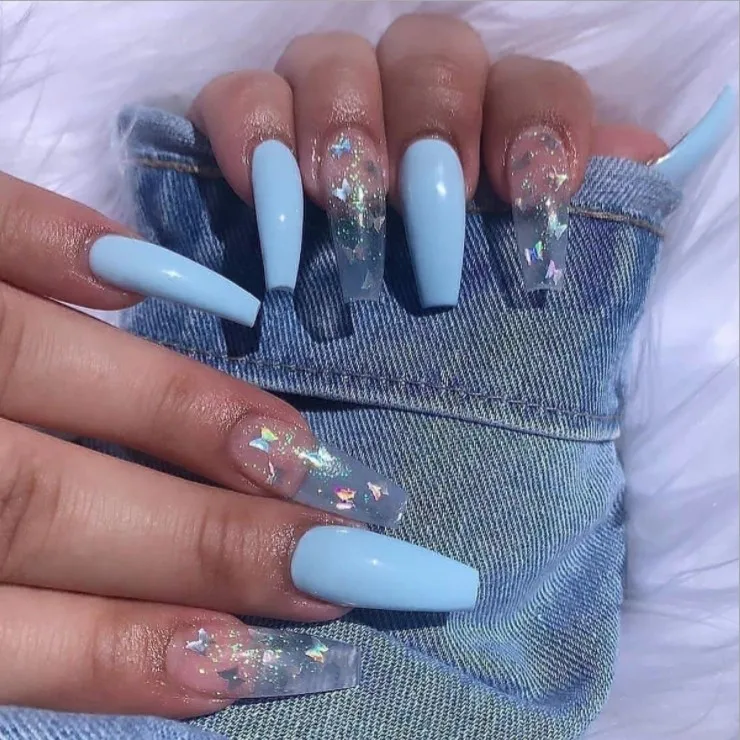 OEM New 24pcs Long Ballerina Press On False Nails 3D Blue Design Artificial Fingernails Unas postizas Full Abs Size With Diamond