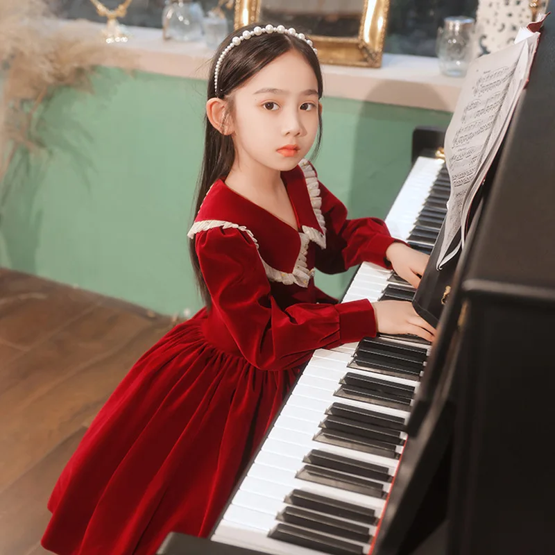 Spring Red Long Sleeve Flower Girl Wedding Dresses Kids Clothing Sets Princess Girls Party Ball Gown Pageant Dress