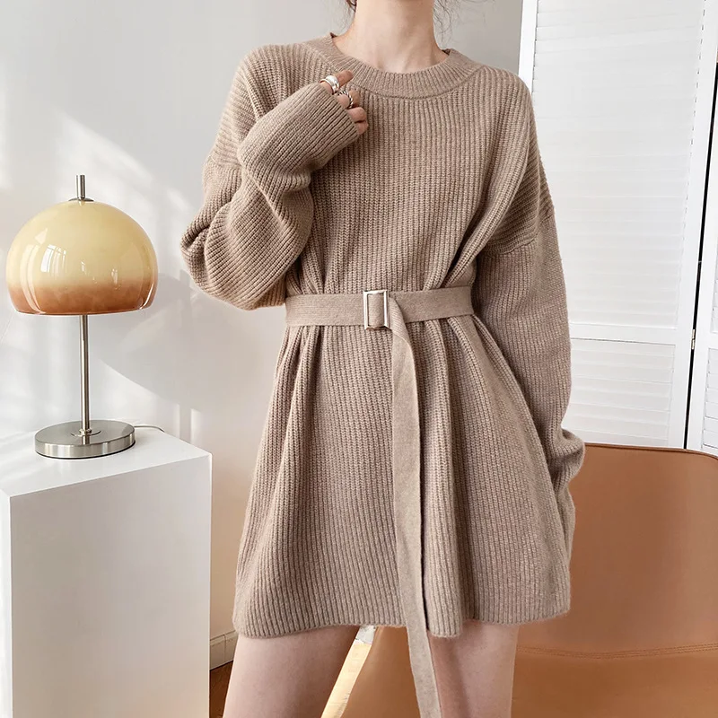 2021designer solid modest jersey dressSweater dress thicken crew neck knitted dress with belt